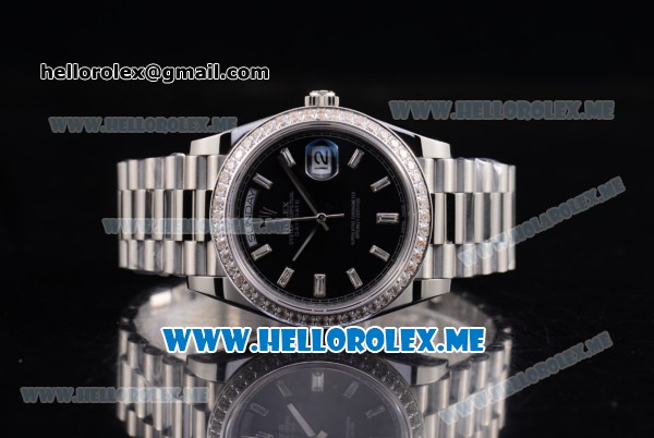 Rolex Day-Date Swiss ETA 2836 Automatic Stainless Steel Case/Bracelet with Black Dial and Stick Markers Diamonds Bezel (BP) - Click Image to Close